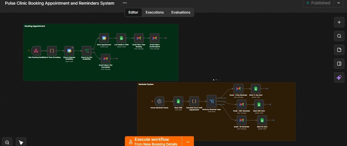 Dual workflow screenshot: booking and reminders